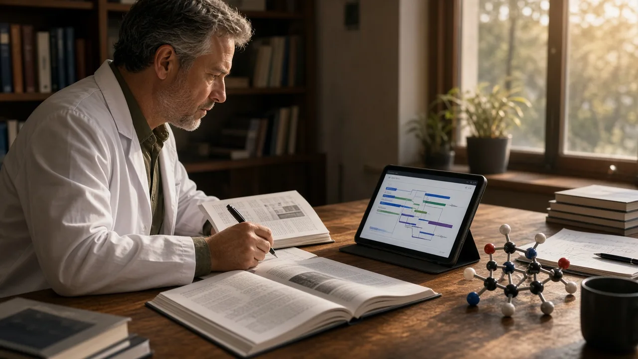 Researcher reviewing obesity-trial literature beside a peptide fragment molecular model