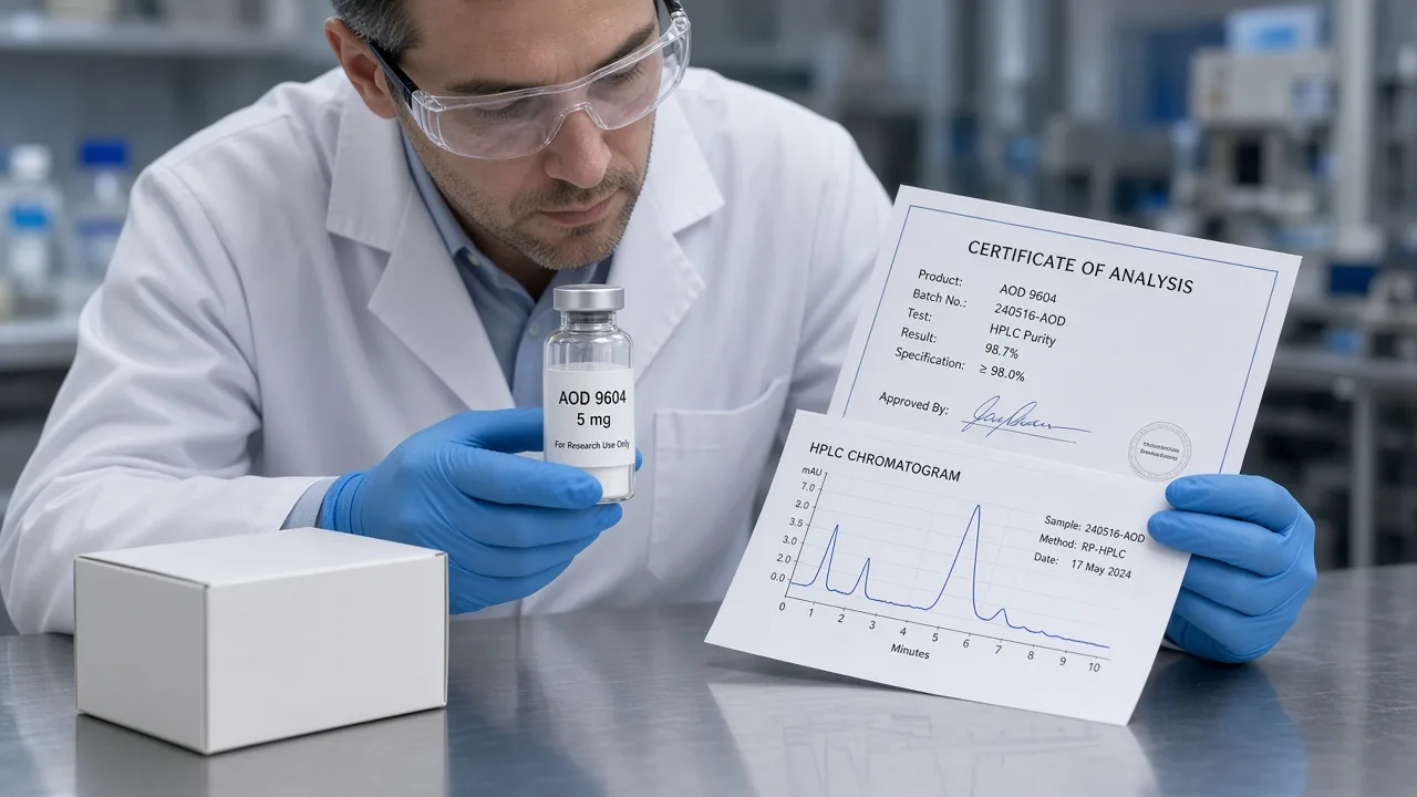 Scientist matching a lyophilized research peptide vial to a certificate of analysis and HPLC printout