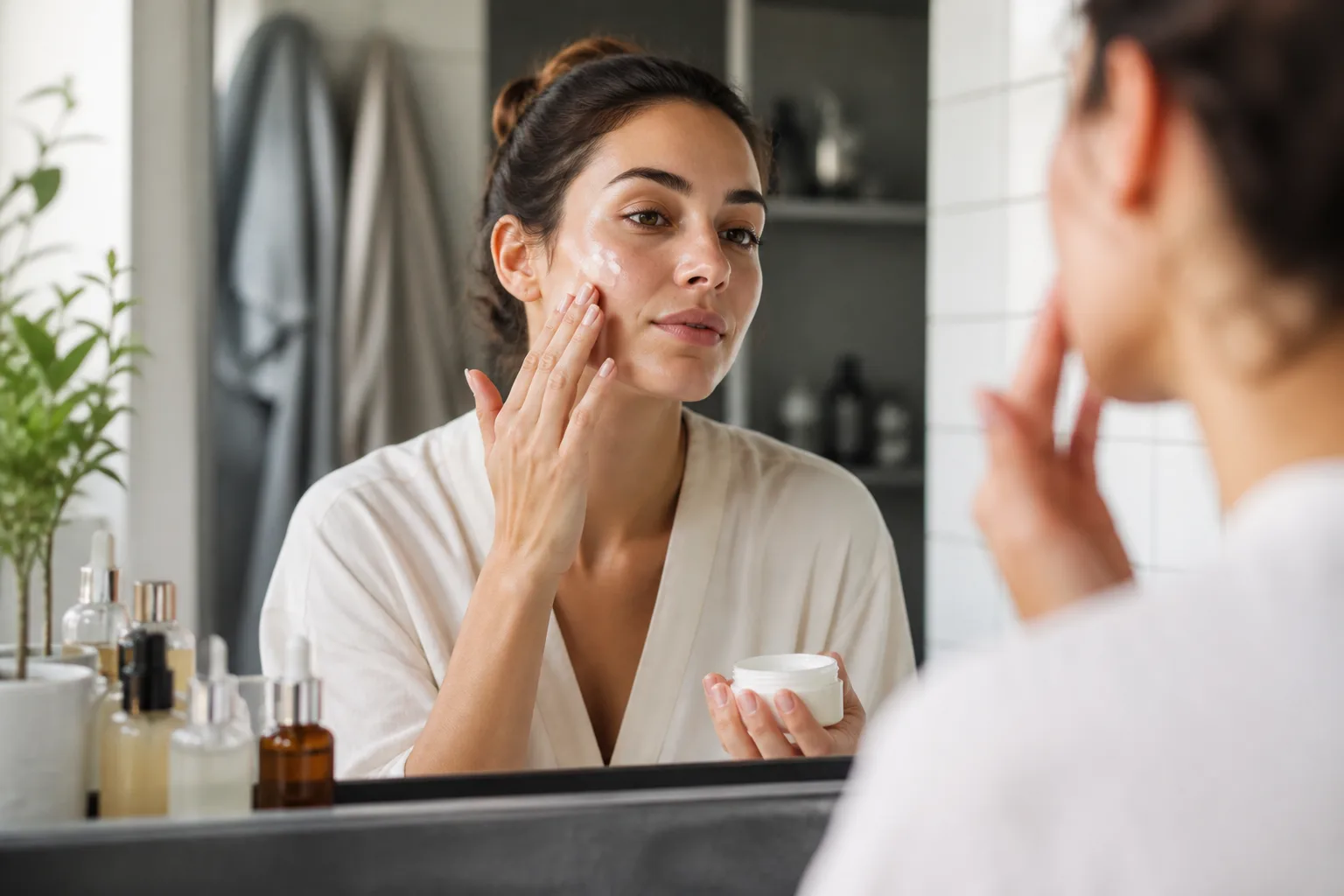 Hands applying a fragrance-free peptide moisturizer over serum in morning bathroom light